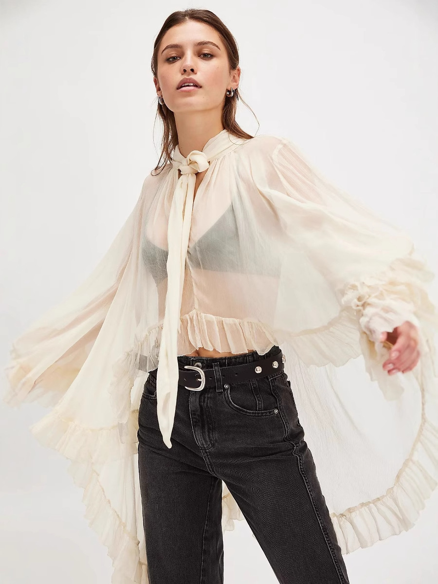 European and American Cross-Border Independent Station Export 2025 Summer New Long-Sleeved Chiffon Shirt Seaside Sexy See-Through Shirt for Women