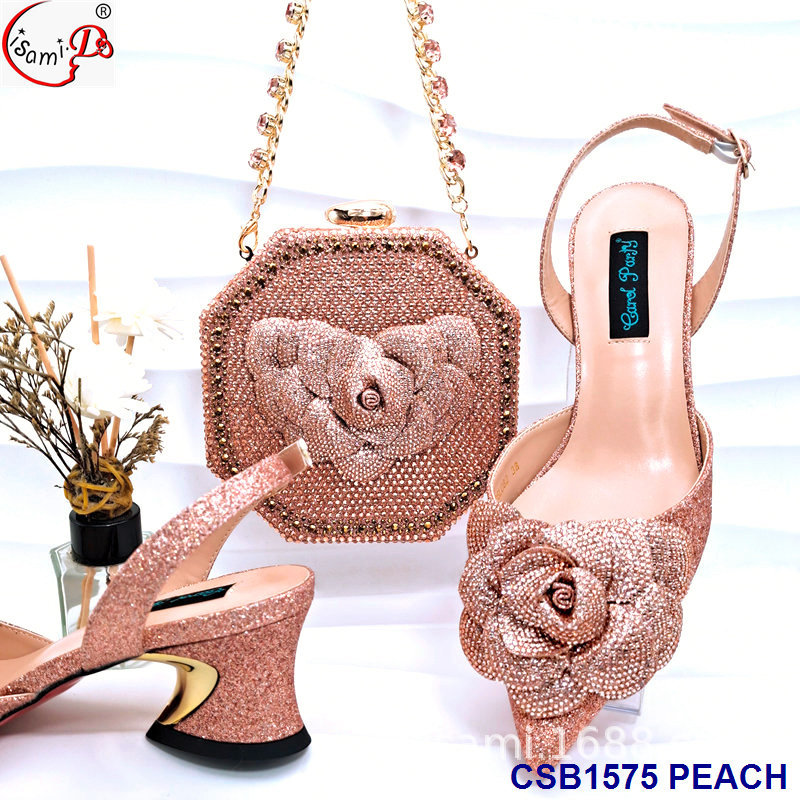 Evening wear with pointed toe row diamond high heels with rhinestone carved rose clutch bag suit shoes and bag