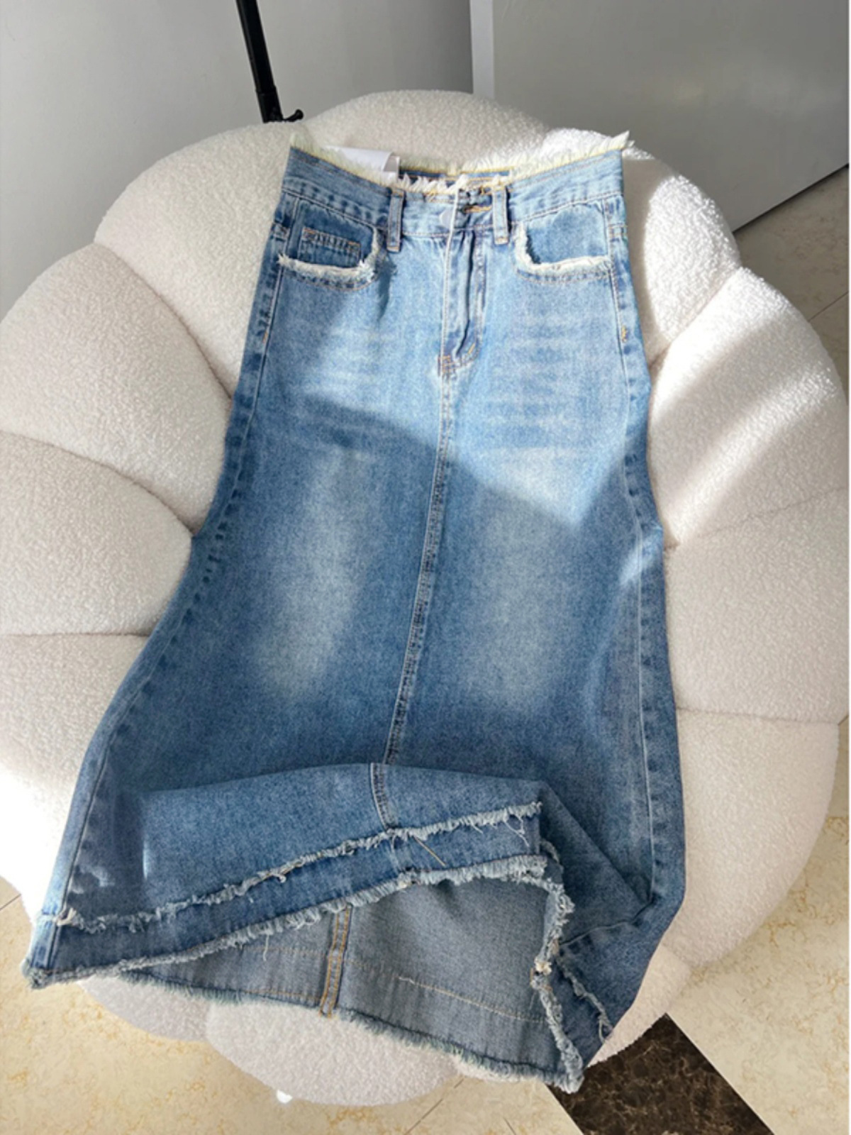Vintage Fur Edge High Waist Denim Skirt Women's Mid-Length Spring and Summer Pear-Shaped Figure Tall A- Line Long Skirt Ins