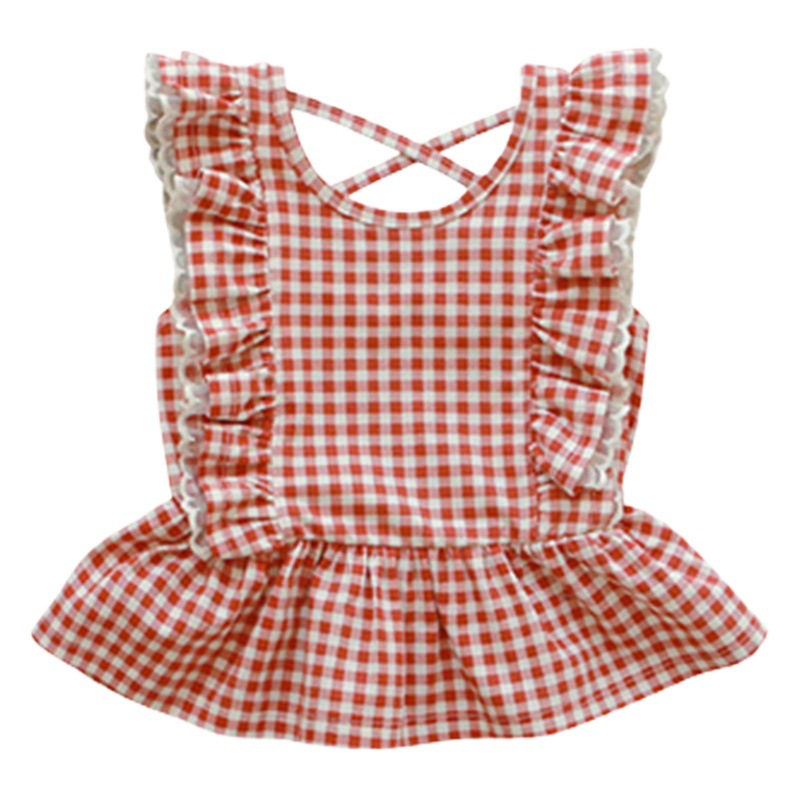 Girls Plaid Ruffle Vest 2024 Summer Sleeveless Babydoll Shirt 3-10 Years Old Kidsren Pure Cotton Edge Shirt