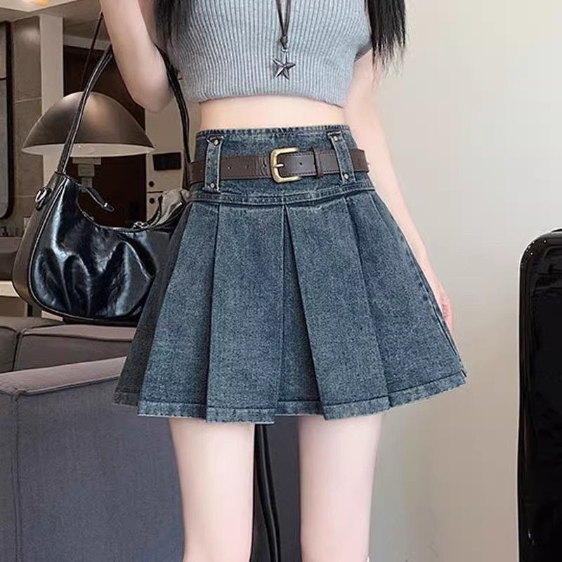 2025 Summer New Design Short Denim Skirt for Women High-Waisted Versatile Slimming A-Line Pleated