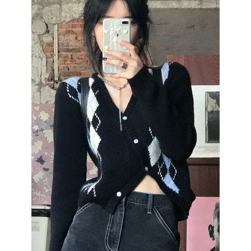 South Korea Dongdaemun Back to School Elder Irregular Sweater Jacket Soft Waxy Autumn New California Rhombus Knitted Cardigan