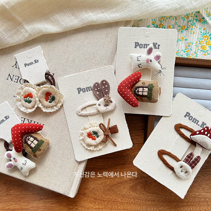 brown Korean Style Children's Cute Flower Lace Three-dimensional Small House Cotton Knitted Rabbit Fabric Hairpin Hairband Hair Accessories