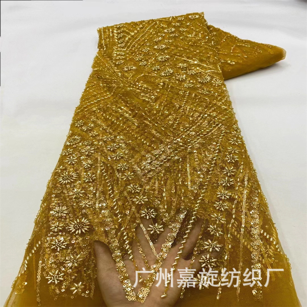 Golden Sequins Beaded Tube Embroidered Fabric Lace Mesh Wedding Dress Embroidered Fabric Fashion Cheongsam Mesh JX4128
