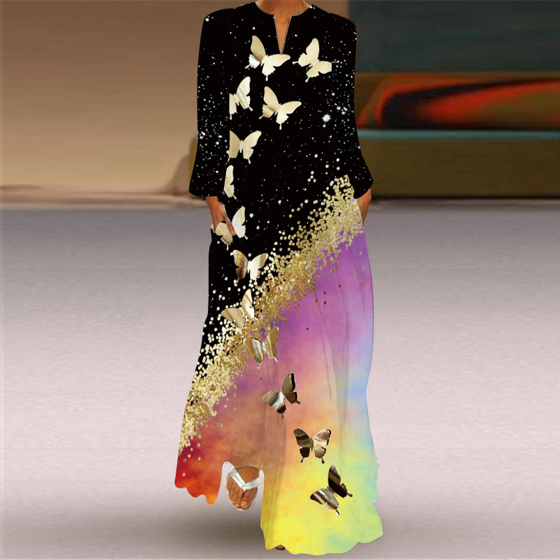 2024 European and American Amazon Spring and Summer New Women's Long Dress V-Neck Long Sleeve Pocket Printed Loose dress