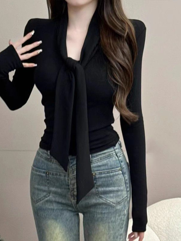 Autumn and Winter German Velvet Inner Wear, Pure Lust Elegant, Tight-Fitting Short V-Neck Lace-Up Long-Sleeved T-Shirt, Slim and Sexy Top