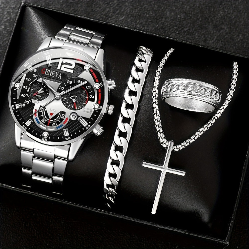 Fashion Casual Men's Temperament Business Watch Versatile Cross Steel Belt Necklace Bracelet suit
