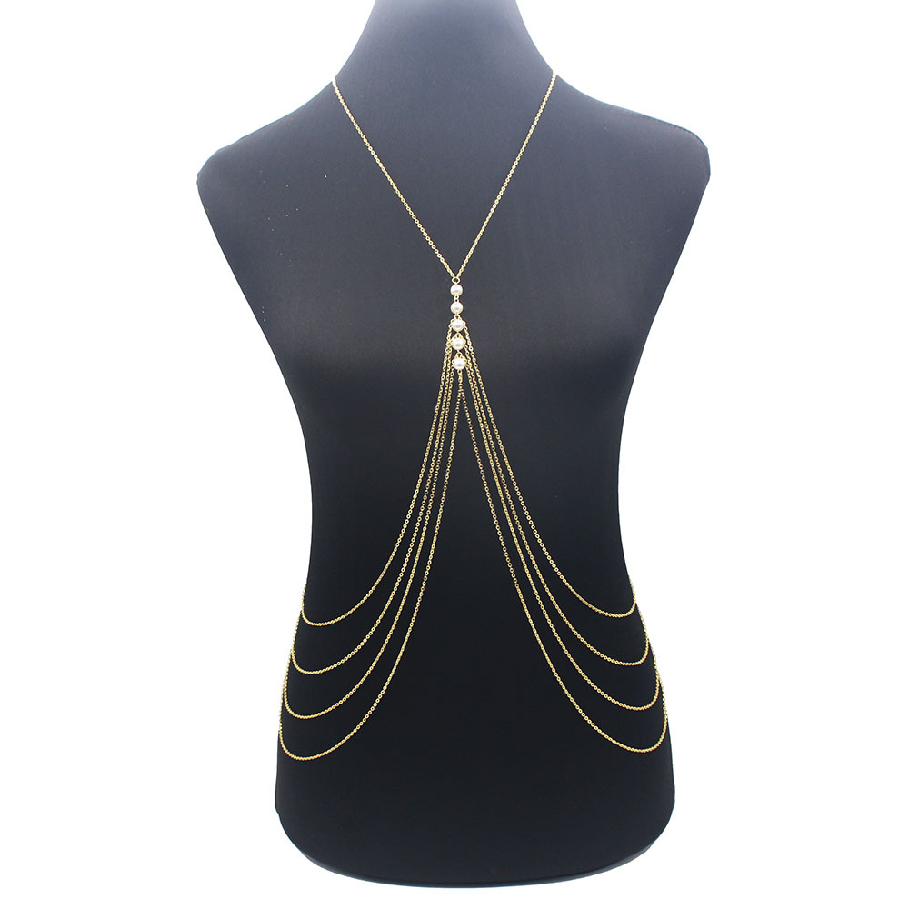 European and American Fashion Stylish Street Style Pearl Long Tassel Waist Chain Feminine Multi-layered Long Gold Tassel Body Chain