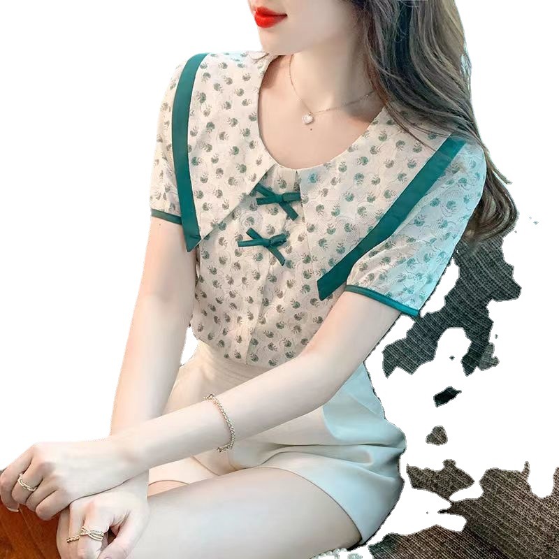 Picture of Chiffon Blouse for Women, Spring and Autumn 2023, Doll Collar, Thin Mesh Top, Stylish and Versatile, Floral Pattern, Fashionable and Elegant