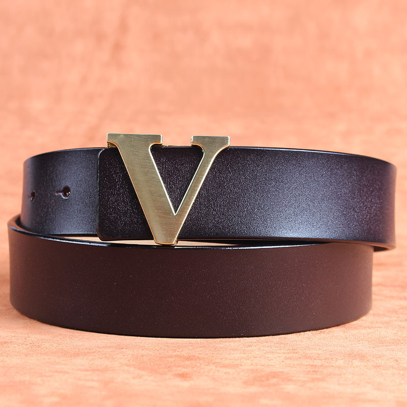 Picture of Smooth Buckle Belt Men's plus size Genuine Leather Youth HV Letter Pure Cowhide Internet Celebrant Hair Stylist Belt