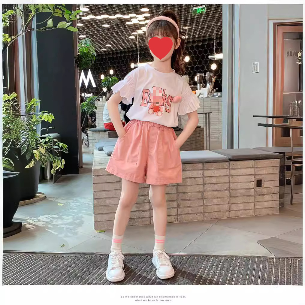 Picture of Girls' Korean-style 2024 Summer New Sports Suit Children's Western-style Cartoon Top Fashionable Shorts Two-piece Set