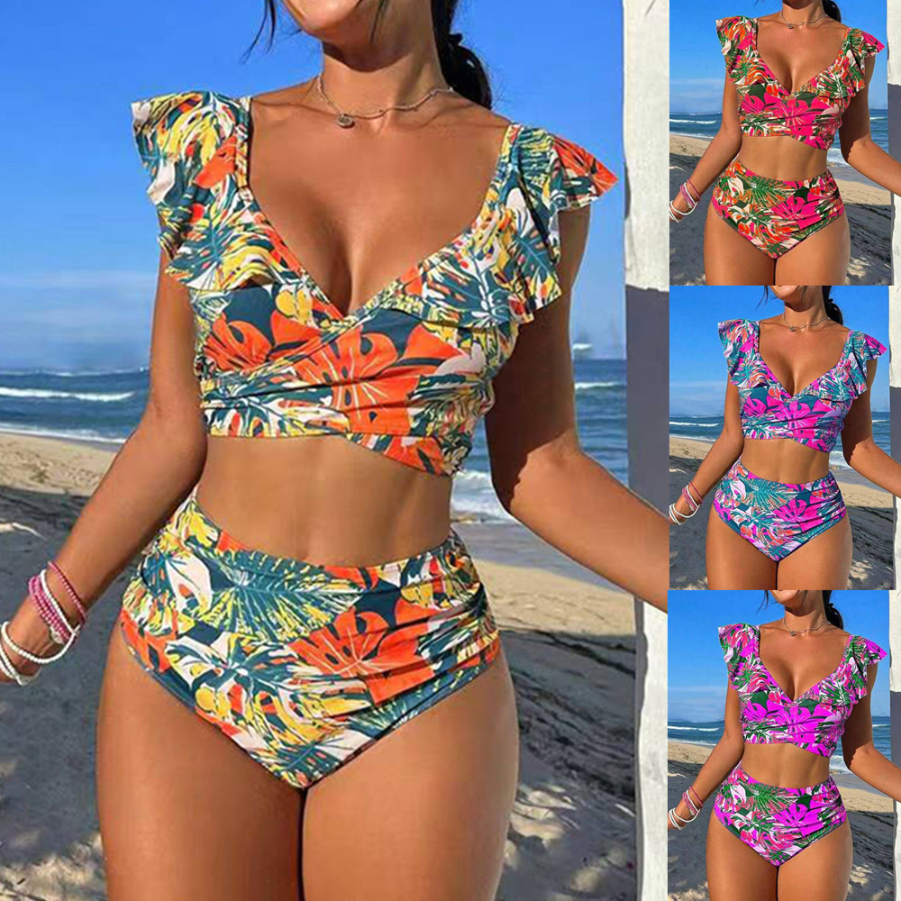 European and American Cross-border New Split Women's Swimsuit Sexy Ruffled Backless High Waist Bikini Amazon bikini