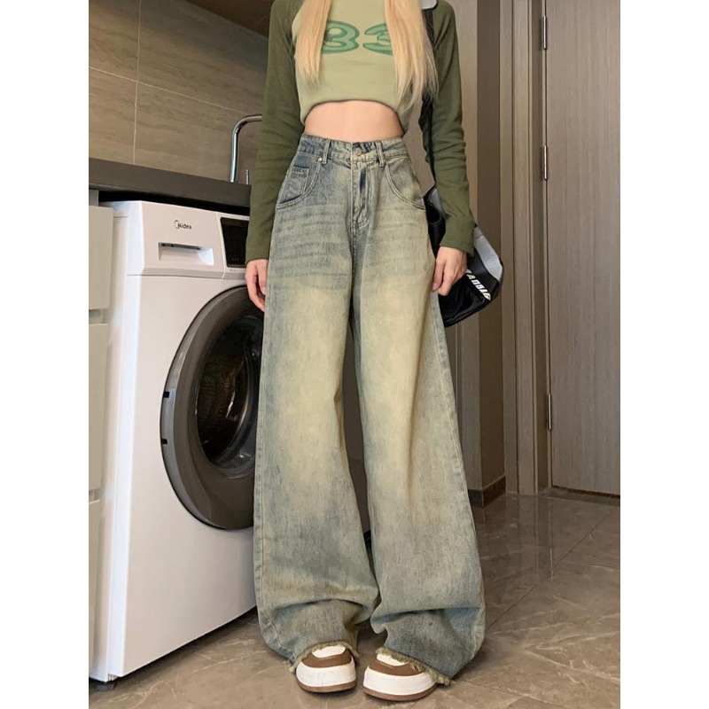 Vintage American Style Old-fashioned Wide-leg Jeans Women's Autumn Small High Waist Loose Straight Slim Look Rag Pants