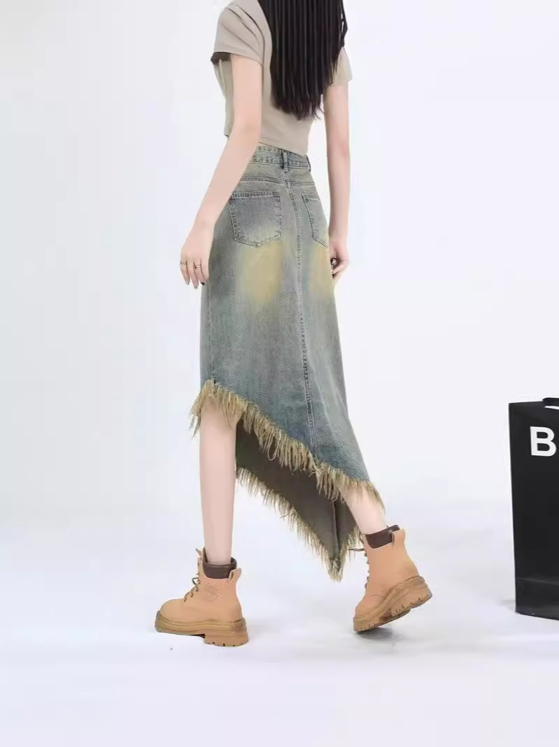 Vintage High Waist A- Line Denim Skirt Skirt Women's Spring and Autumn Irregular Design Long Skirt Small Tassel Skirt