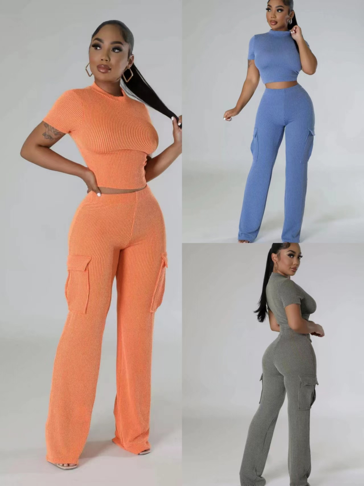 Amazon Hot European and American Fashion Solid Color Short Sleeve Stretch Crane Pants Two-piece Suit