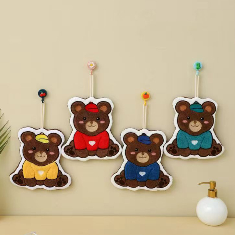 Cute Cartoon Coral Fleece Hand Towel Hanging Kitchen Household Towel Absorbent Quick Thickened Dish Bear Hand Towel