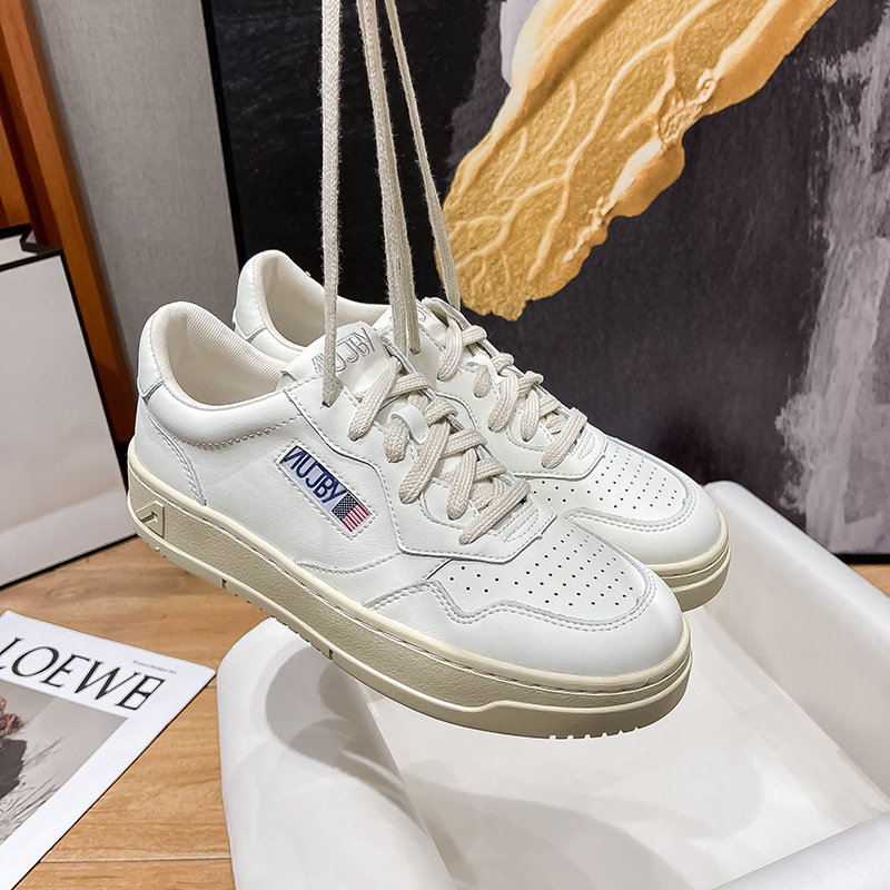 New popular AU white shoes cowhide shoes stitching casual sneakers retro round toe lace-up niche Korean style sneaker women