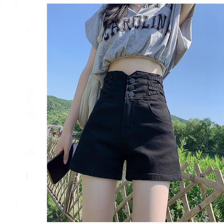Black Denim Shorts Women's 2025 Summer Thin Outer-breasted Abdominal Tinting Super High Waist Elastic A- shaped Wide Leg Spicy