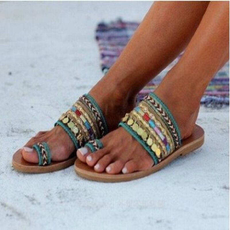 Picture of 2020 Ethnic Style Handmade Beaded Sandals New Summer Large Size Metal Decorative Sequined Toe Flats Roman Shoes
