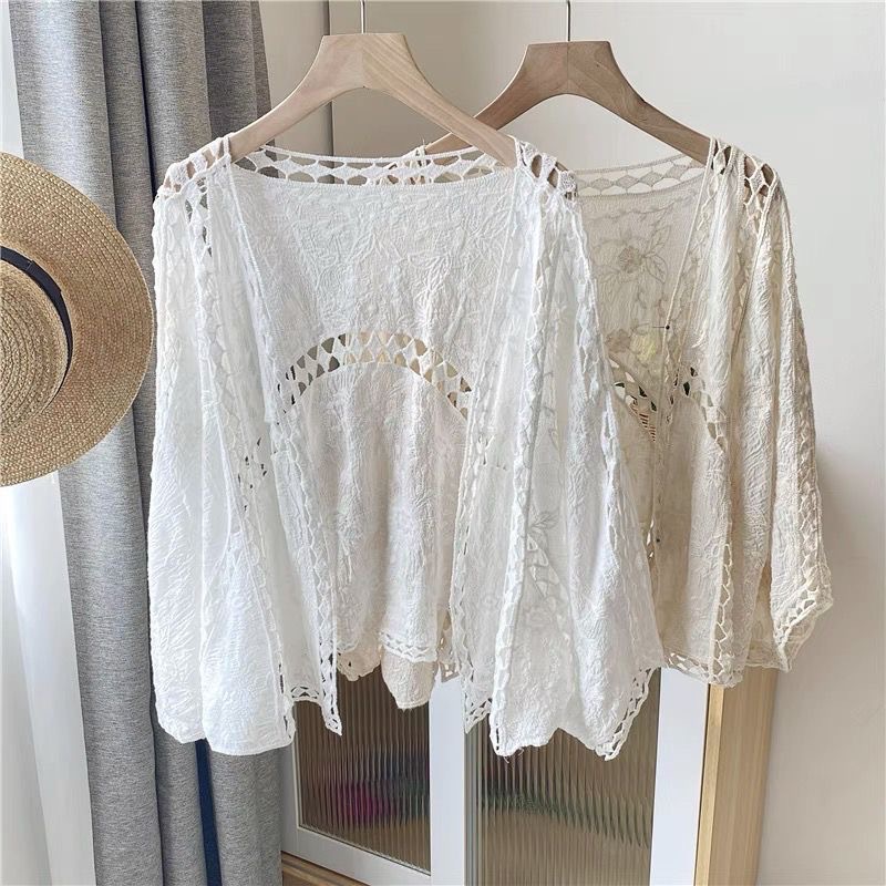 Cross-border exclusive for Europe and the United States summer explosions cardigan women's coat lace crochet beach sunscreen seven-point sleeve