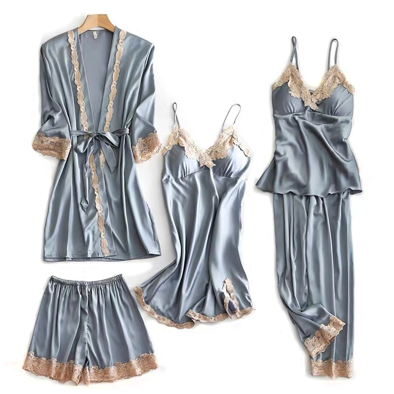 Picture of Spring and Autumn Pajamas Ice Silk Women's Spring and Summer Sexy Pajamas Five-piece Set Satin Nightgown Sling Nightgown with Chest Pad Home Clothes