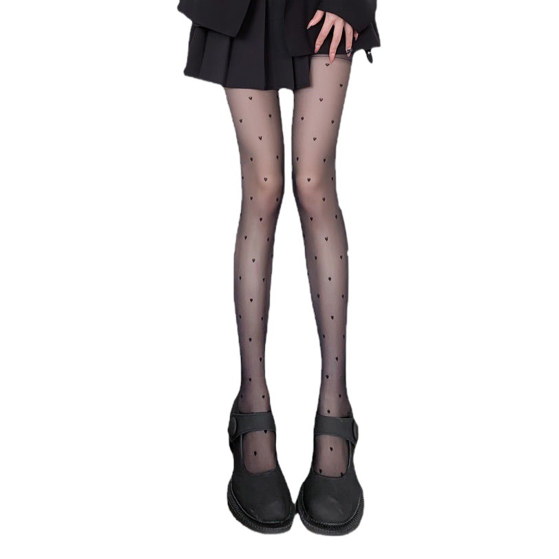 Love White Silk Stockings Women's Spring and Summer Thin Sweet Bow Milk White Pantyhose Lolita Round Wave Dot JK Black Silk