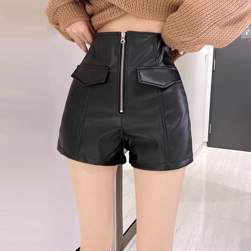 Leather Shorts Women's Autumn and Winter 2022 New White High Waist A- Shaped Outer Wear Slimming PU Leather Loose Fashionable Wide-Leg Boots Pants