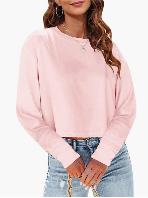 Cross-Border Amazon Wish European and American Export Women's Clothing 2025 Autum New Pure Color Loose Round Neck Short Sweatshirt for Women