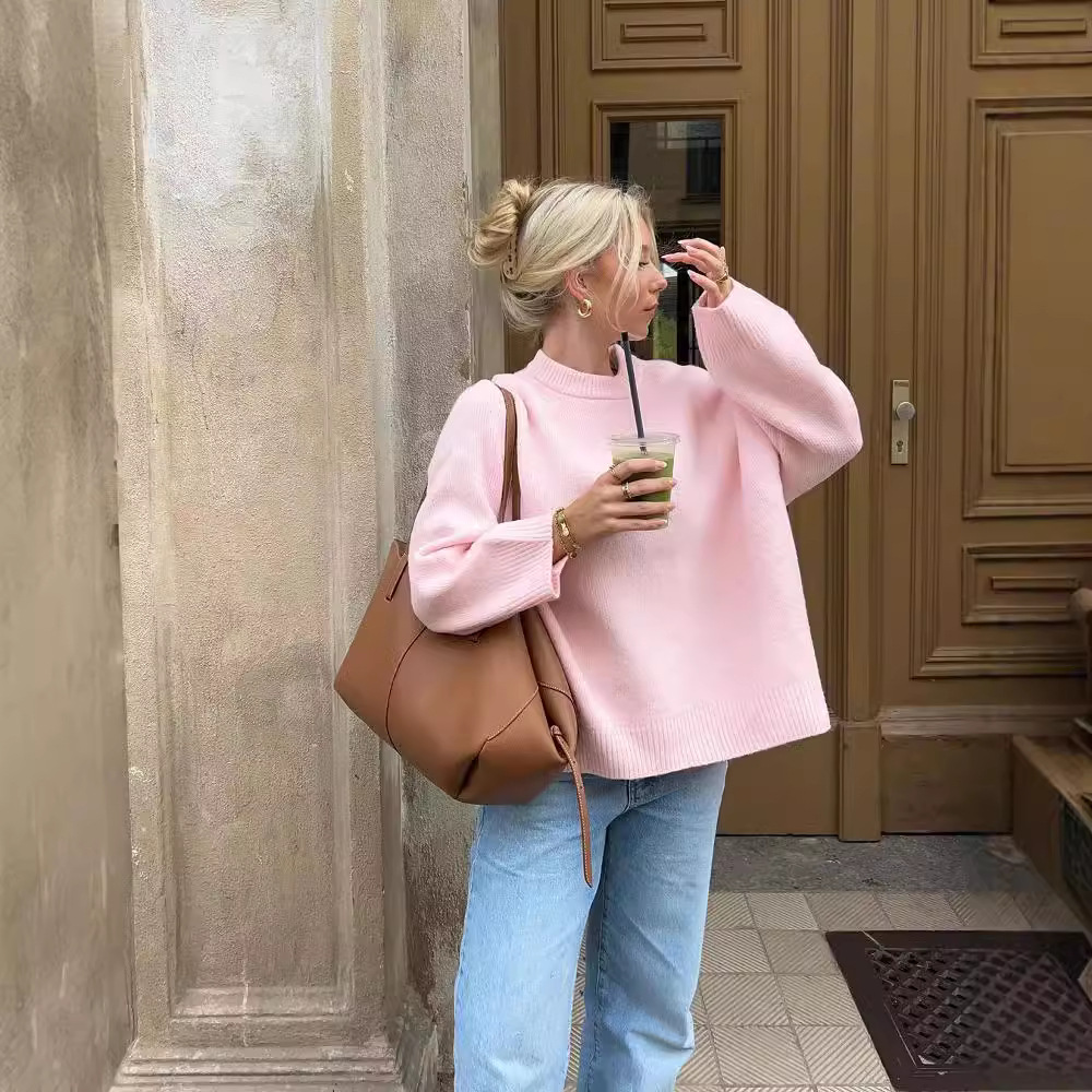 European and American style cross-border Amazon AliExpress 2024 winter new pink sweet crew neck pullover lazy sweater