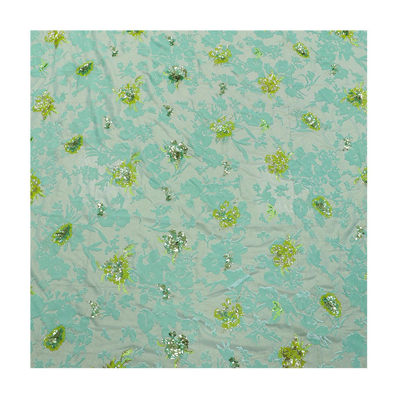 Picture of Teal In-Stock 3D Floral Silk Brocade Sequin Embroidery Georgette Velvet Wedding Dress Performance Clothing Women's Fabric