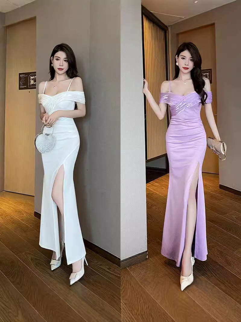 Car Model One-Shoulder Evening Wear for Women K Song Foot Bath Club Work Clothes Slim Slit Hip-Covering Dress Long Skirt Fashionable Elegant