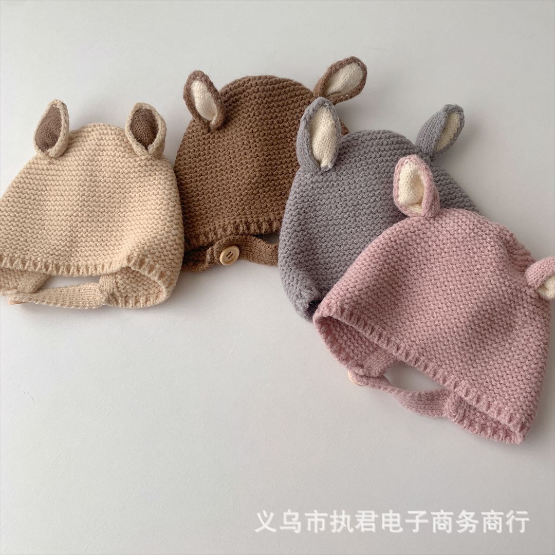 Korean Baby Hat Boys and Girls Infant Solid Color Ear Protection Pullover Cute Toe Knitted Wool Cap Trendy
