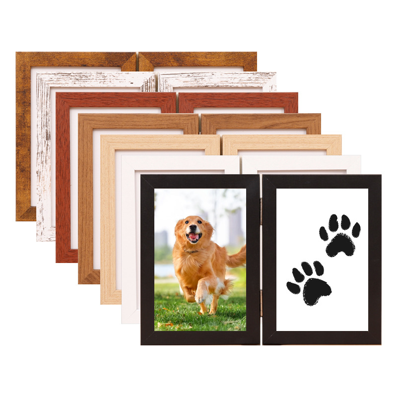 Cross-Border Wooden 6-Inch and 7-Inch Double Hinge DIY Pet Dog and Cat Paw Print Commemorative Set Photo Frame Display Stand