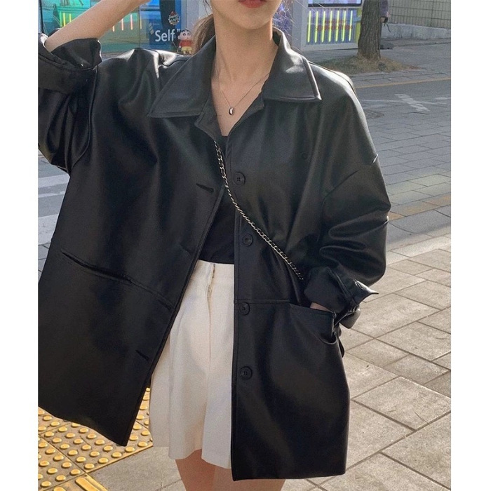 Picture of Korean Handsome Lapel Single-Breasted Leather Jacket for Women Autum New Loose and Versatile Imitation Leather Jacket Top Black