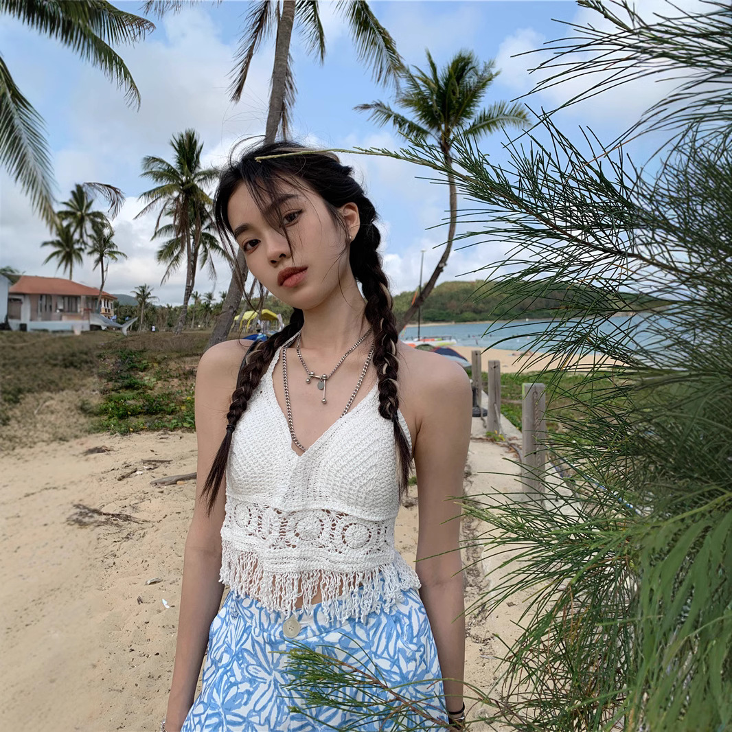Women's Hong Kong Style Summer Travel Wear with Sling Outer Wear Vacation Style Retro Woven Tassel Edge Design Sense Vest Top