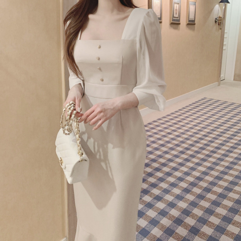 Foreign Trade Women's Clothing Korean Style INS French Style Elegant Square Collar Stitching Mesh Puff Sleeve Hip Fishtail dress