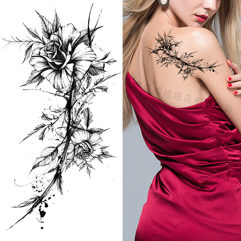 Picture of Cross-Border Supply of Sketch Flower Tattoo Stickers, Sketch Tattoo Stickers, Rose Flower Black and White Flower Tattoo