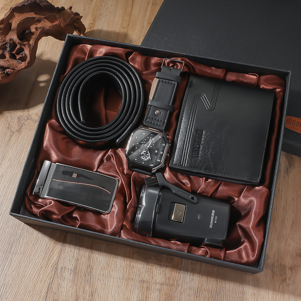 Picture of Men's Generous Dial Belt Quartz Watch Wallet Razor Belt Five-Piece Black Gift Set