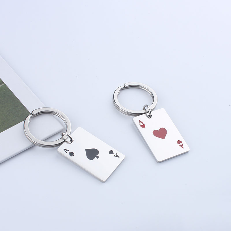 Picture of Heart-shaped red peach a playing card keychain creative simple stainless steel metal key chain ring schoolbag pendant accessories