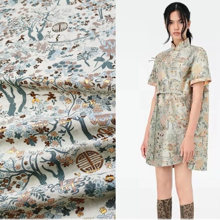 New Chinese Style Fabric Imitation Song Jacquard Fabric Wanshou Fu Fa Cai Tree Pattern Yarn-dyed Jacquard Fabric Cheongsam Tang Suit Fabric