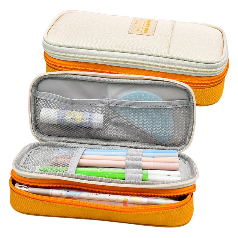 Junior Senior high school Student Solid Color Pencil Case Cross-border Amazon Simple Stationery Box Large Capacity Multi-layer Canvas Stationery Box