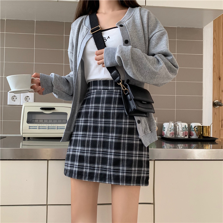 Skirt Women's Autumn New Plaid Hip Skirt Black College Style High Waist Slimming Hip A- line Skirt