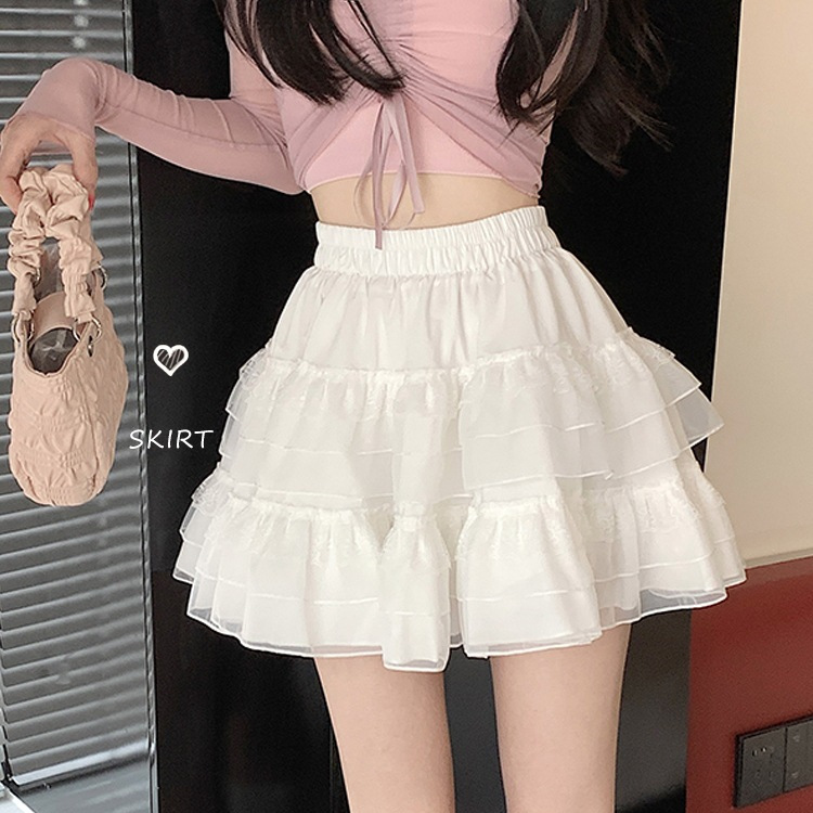 Lace Cake A- line Short Skirt Summer 2024 New Ballet Style High Waist White Mesh Puff Skirt Women