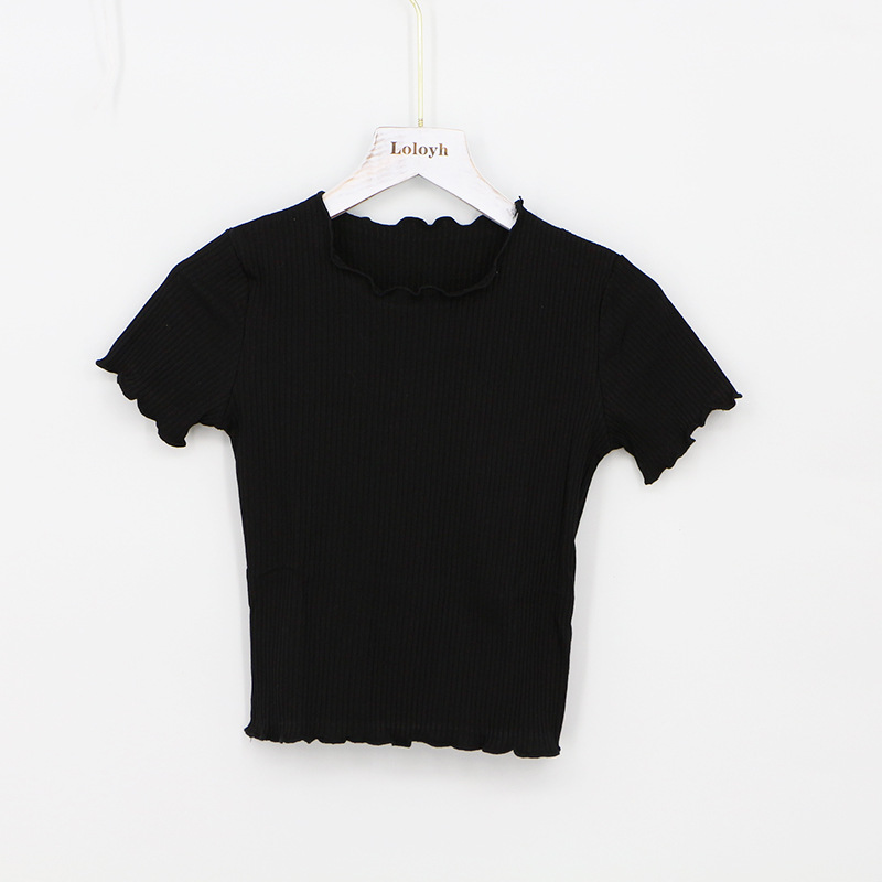 Picture of 2025 Spring and Summer New European and American Style Fashion Retro Fungus Edge Slim Short Short-Sleeved T-Shirt Tops for Women