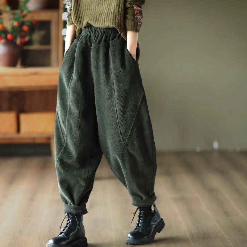Women's Autumn and Winter Spliced Chenille Fleece-Lined Thickeneded Versatile Casual Pants Harem Pants Slimming Look Leg Length Warm Pants