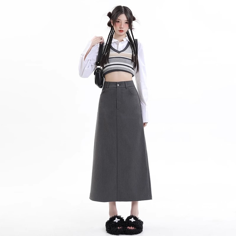 Riggman Grey High Waist Skirt Women's Slimming 2024 Summer New A- line Split Suit Mid-length Skirt Trendy