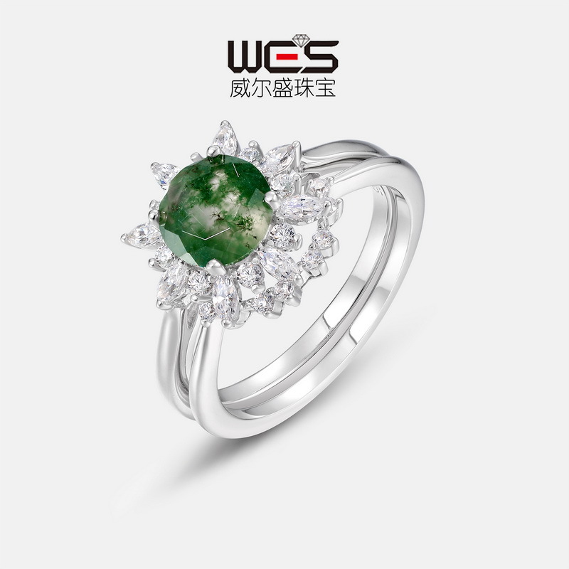 Amazon cross-border hot sunflower light luxury natural aquatic agate ring S925 silver green moss stone combination ring