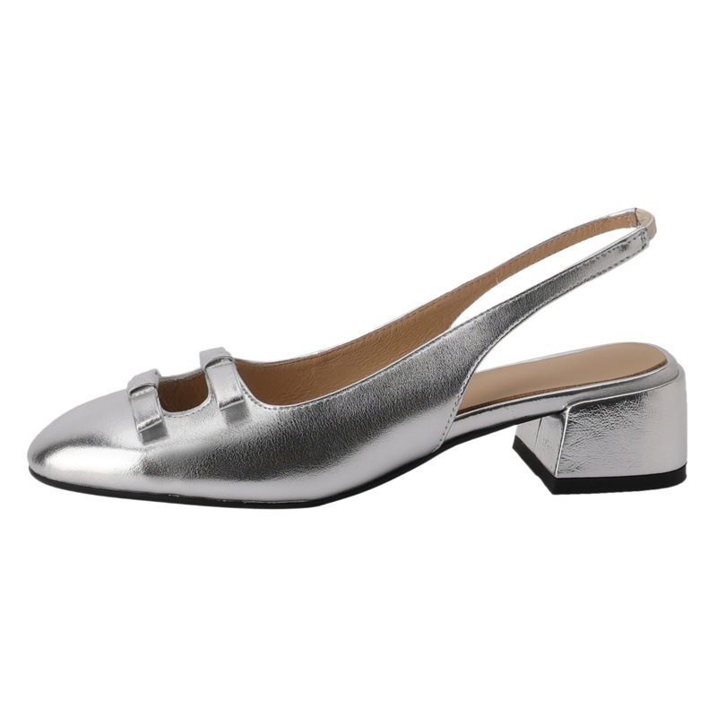 French style silver chunky heel Mary Jane shoes women's summer 2023 new summer chunky heel versatile spring and autumn single-layer shoes mid heel