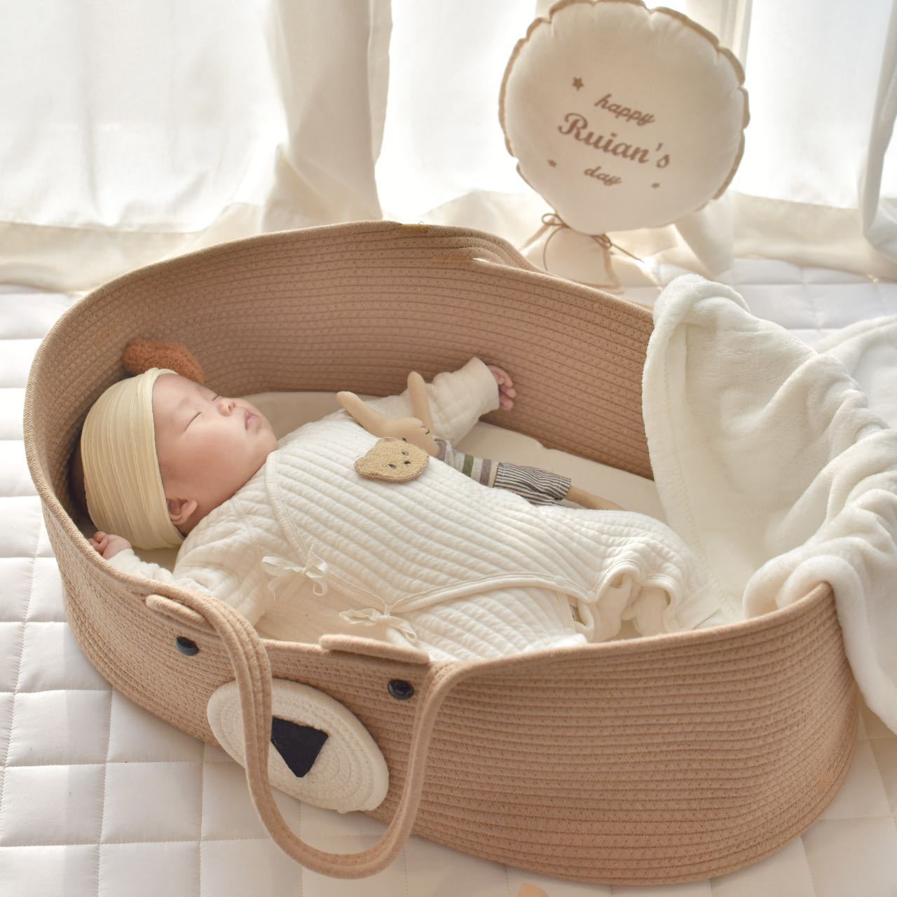 Ins Scandinavian Newborn Hand Basket Pure Cotton Sleeping Basket Cartoon Hand Basket Satchel Storage Woven Basket
