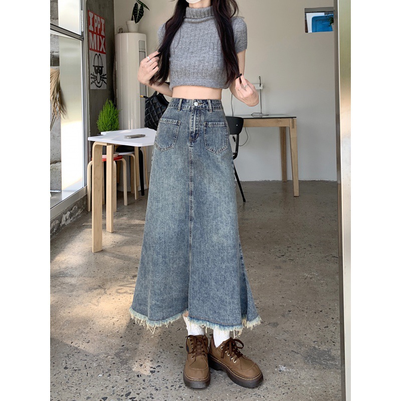 Cross-border 2023 Spring and Summer High Waist Elegant All-match Fishtail Skirt Slimming Hip Covering Skirt Mid-length Denim Skirt for Women